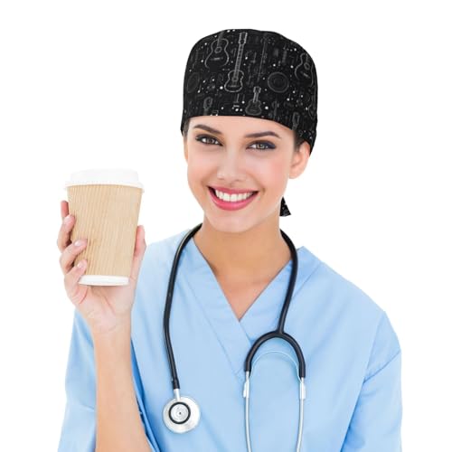 Cool Black Guitar Print Scrub Caps for Men and Women - Adjustable