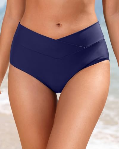 Zmart Women's High-Waist V-Cut Bikini Bottoms - Medium Navy Blue