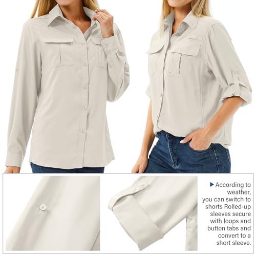 Toumett Women's UPF 50 Sun Protection Long Sleeve Hiking & Fishing Shirt - Light Khaki, Medium