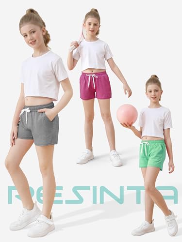 Girls Athletic Shorts - 5 Pack Dry-Fit Performance with Pockets - Hot Pink, Lavender, Green, Dark Grey, Light Pink - 10-12 Years