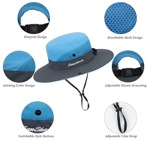 Women's Bucket Hat with Ponytail Hole - UV Protection, Foldable - Medium Blue & Grey