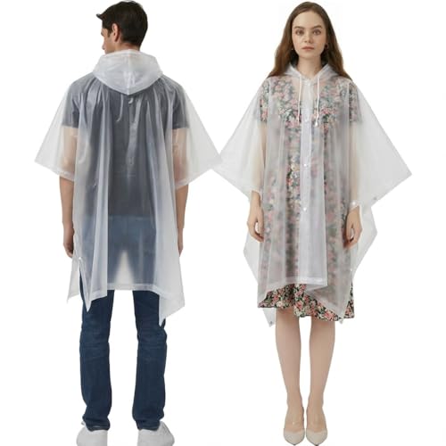 Reusable Rain Ponchos for Adults - 2 Pcs Emergency Coats with Hood - White