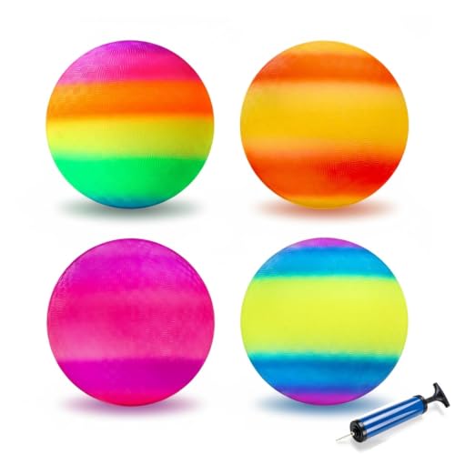 INTOWIND Rainbow 4 Pack 8.5in Playground Balls - Kids Dodgeball Kickball Set with Hand Pump