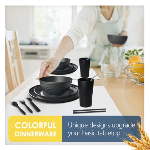 Teivio 96-Piece Wheat Straw Dinnerware Set for 8 - Flatware Light Black