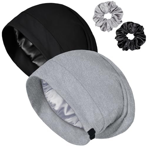 Roybens Satin Lined Sleep Cap Bonnet - Adjustable Satin Bonnet, 2pc (Black + Light Gray) Medium