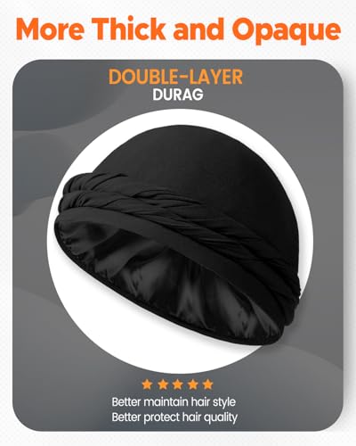 Silk Satin Lined Pre-Tied Turban Durag Head Wrap - Black, Medium