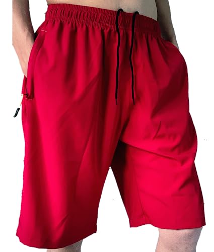 Men's Athletic Running Shorts 11 Inch Swim Trunks with Zipper Pockets - Red, X-Large