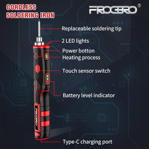 FrogBro Upgrade 11W 2500mAh Cordless Soldering Iron Kit, Max 968¢µ Fast Heating Portable, USB Rechargeable High Capacity with Touch Sensor & LED Spotlight