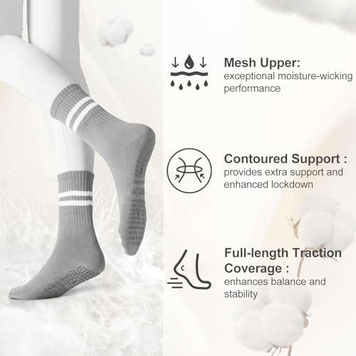 Non-Slip Pilates Socks with Grips - 4 Pairs, Size 6-10