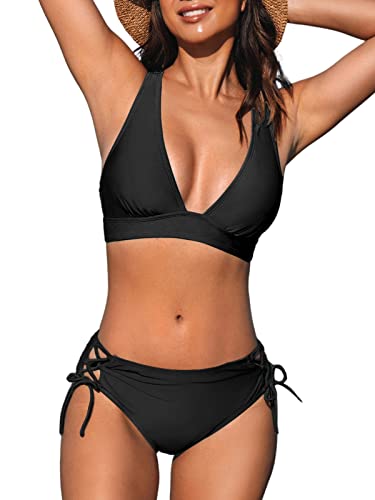 Cupshe Women's Bikini Set Deep V Neck Two-Piece Swimsuit, Medium Black