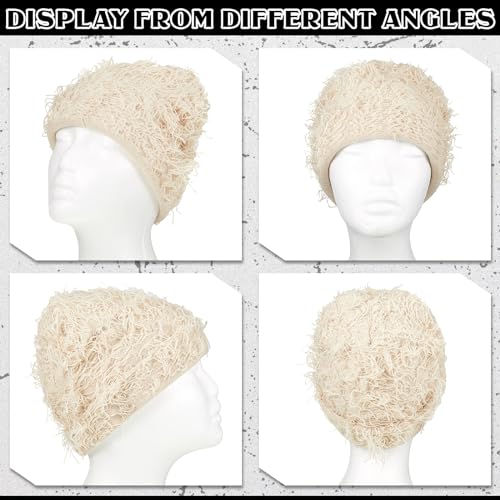 Distressed Knitted Beanie - Fuzzy Winter Hat for Men & Women - Assorted Apricot
