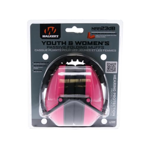 Pink Walker's Youth & Women's Folding Hearing Protection Earmuffs - Low Profile, Adjustable Headband