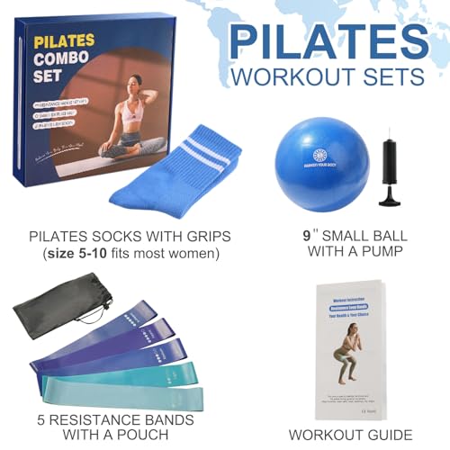 Pilates Ball Set with Resistance Bands & Grip Socks - Blue