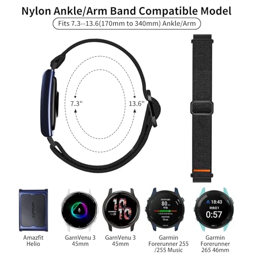 22mm Nylon Sport Ankle/Arm Band - Black Replacement for Garmin & Galaxy