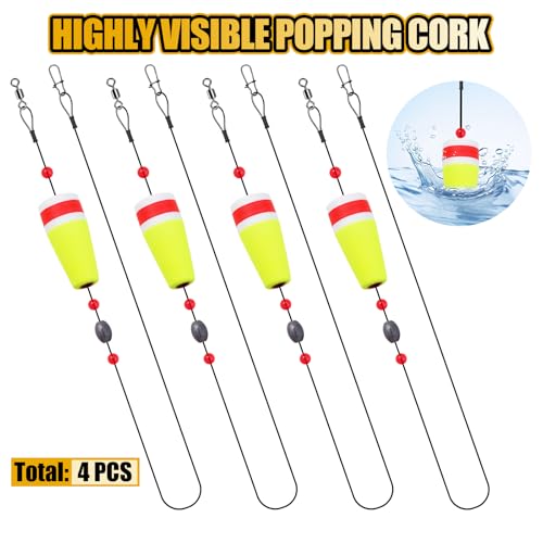 CWSDXM 5-Inch Yellow-Red Popping Cork Float Rigs for Saltwater & Freshwater Fishing - 4 Pack