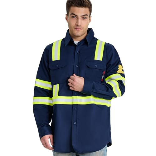 SRsafety Hi Vis FR Shirts for Men,7.0oz Long Sleeve FR Work Shirts,100% Cotton High Visibility Fire Shirt