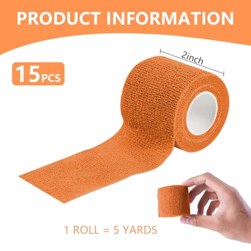 KISEER 15 Pack 2 Inch x 5 Yards Self-Adhesive Cohesive Bandage Wrap, Orange