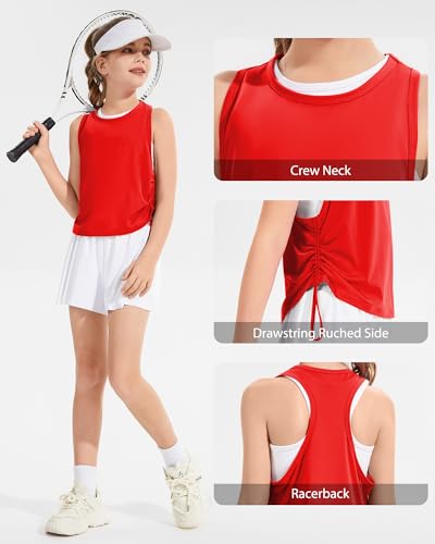Girls Athletic Tank Top - Drawstring Ruched Side, Racerback, Red, 7-8 Years