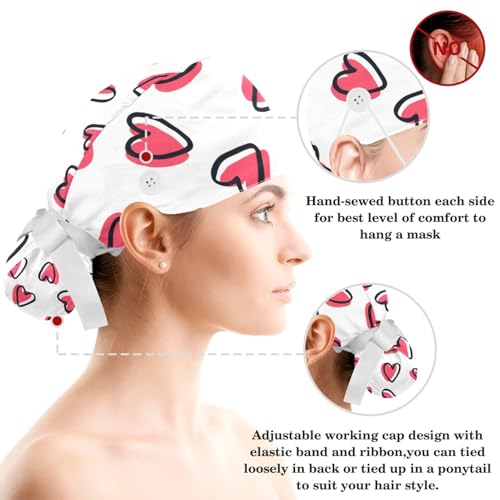 Adjustable Pink Hearts Scrub Cap with Buttons & Bow Scrunchy - Multicoloured 13