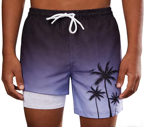 Boys Quick-Dry Swim Trunks with Compression Liner - Black Palm Tree, 7 Years