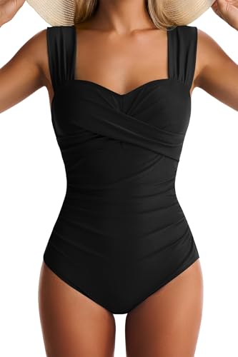 EVOCRCO Women's Black Medium One-Piece Tummy Control Swimsuit with Wide Straps