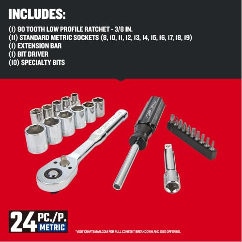 Craftsman 24-Piece Metric Mechanics Tool Set with 3/8 Inch Drive & Low Profile Ratchet - NEW Version