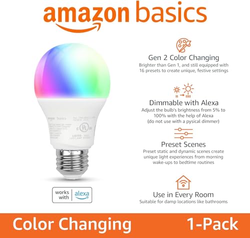 Amazon Basics Smart A19 LED Light Bulb Color Changing 9W (60W Equiv) 800 lm, Works with Alexa, 1-Pack