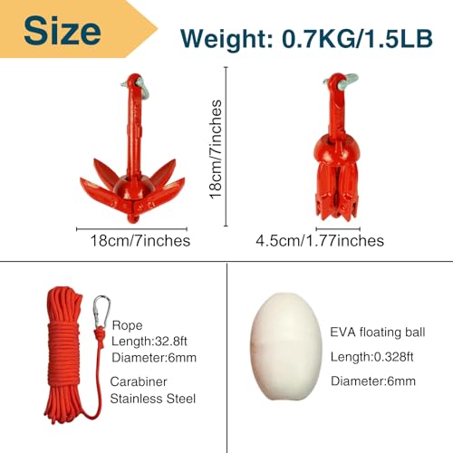 Thorkok 1.5 lb Folding Kayak Anchor Kit with 32 ft Rope - Red