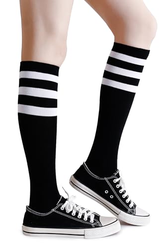 Henwarry White/Black Over the Calf Striped Athletic Socks for Men & Women - Retro Tube Style