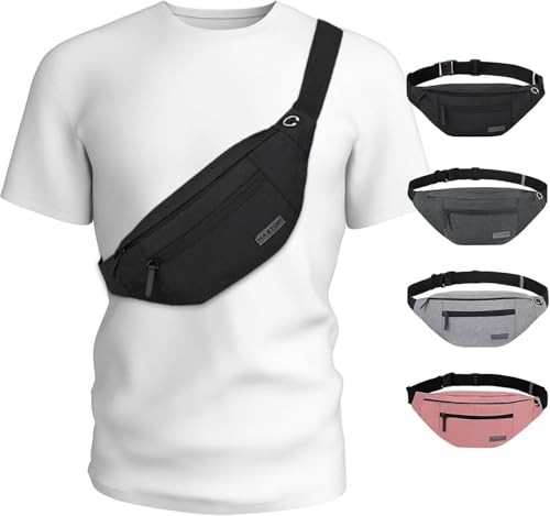 Crossbody Fanny Pack for Men & Women - Black, 4 Zipper Pockets