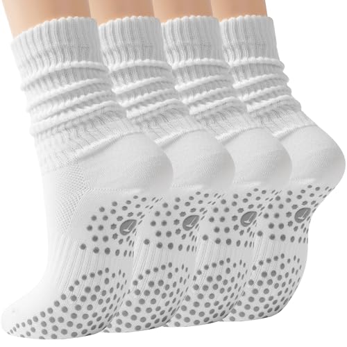 Horuru Women's Non Slip Pilates Slouch Crew Socks - 2 Pairs White