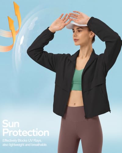Lightweight Athletic Jacket for Women - Sun Protection, Windbreaker, Medium/Black