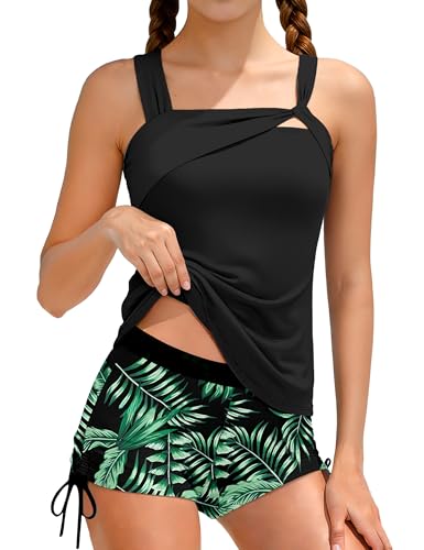 Girls Tankini Swimsuit Set - Square Neck Padded Top & Drawstring Shorts, Sizes 9-16T
