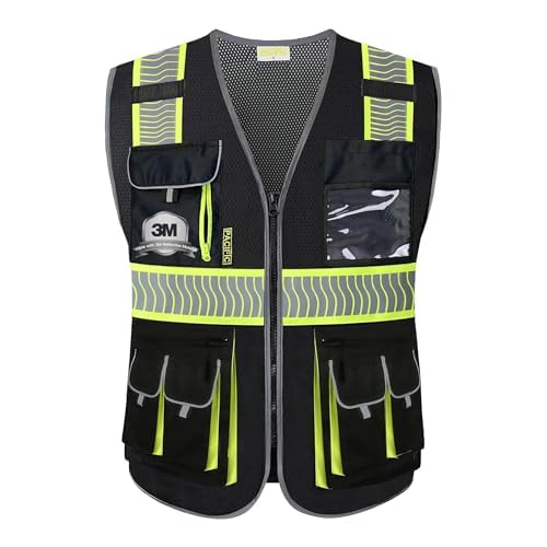 PACIFIC 10 Pockets Class 1 Safety Vest for Men, 3M High Visibility Reflective Strips, Meets ANSI/ISEA Standard, Black, X-Large
