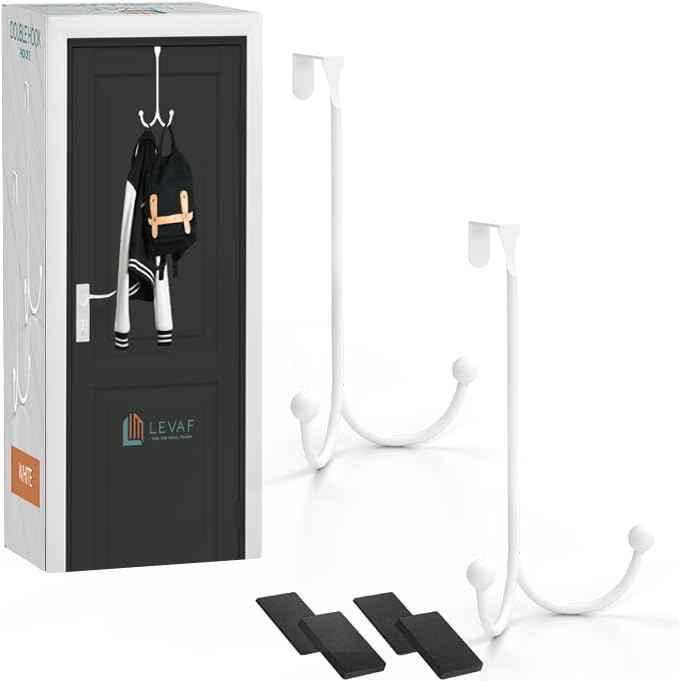 LEVAF 2-Pack Over The Door Hooks - with 2 Hang Heads & Snug Fit Pads Heavy Duty Hook for Hanging Coats, Towels, Caps & Robes - Elegant Matt Finish - No Drill Hanger Organizer - White