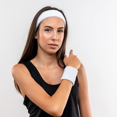 Sports Sweatband Set - 1 Headband & 2 Wristbands - White