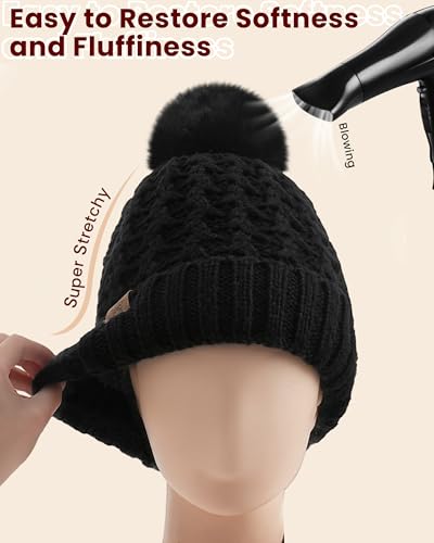 Womens Winter Beanie Hat - Soft Warm Knit Cap with Faux Fur Pom Poms - Black