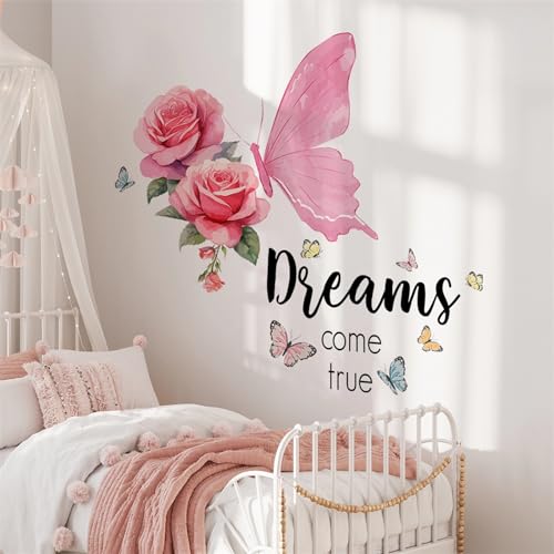 Pink Rose Butterfly Inspirational Quotes Wall Stickers, sacinora DIY Dreams Come True Wall Decals Removable Vinyl Peel and Stick for Living Room Bedroom Kids Baby Nursery Art Decorations