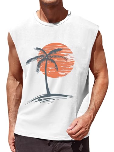Runcati Men's White XL Hawaiian Beach Tank Top - Summer Graphic Sleeveless Shirt