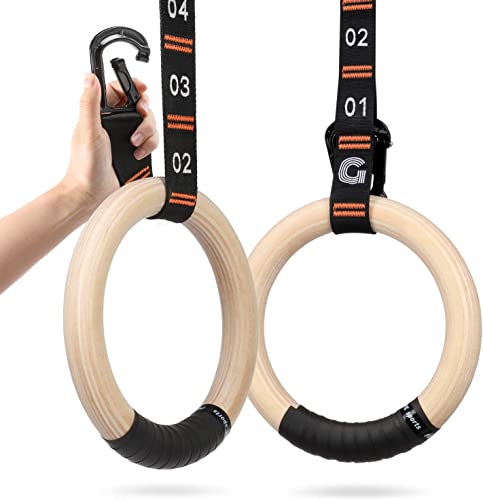 Gonex 32mm Birch Wooden Gymnastic Rings with Adjustable Straps & Carabiners – Olympic Pull Up Rings