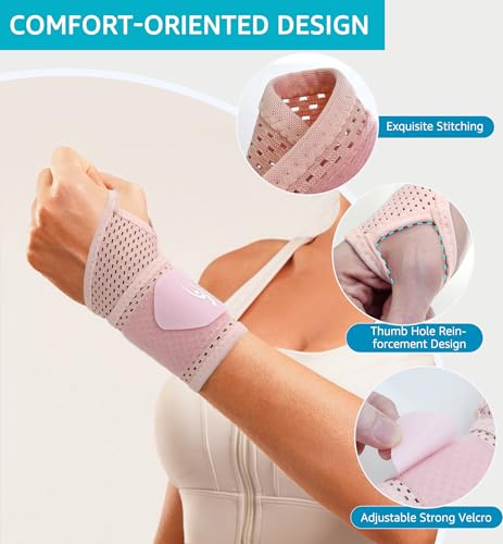 HiRui Pink Mesh Wrist Wraps - Breathable Adjustable Support for Pain & Recovery
