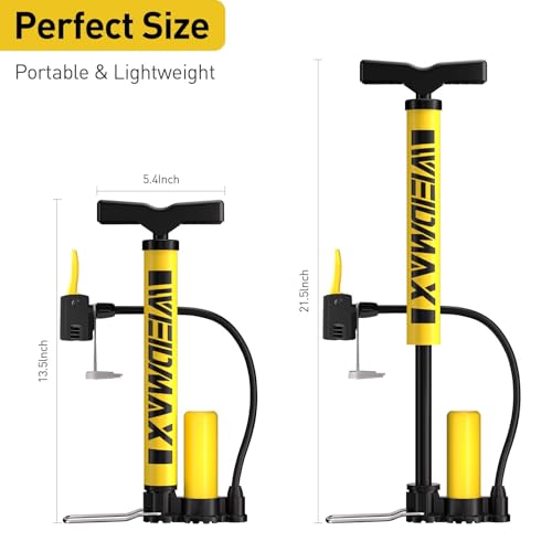 Portable Bike Pump - Hand Air Inflator for Presta & Schrader - Yellow