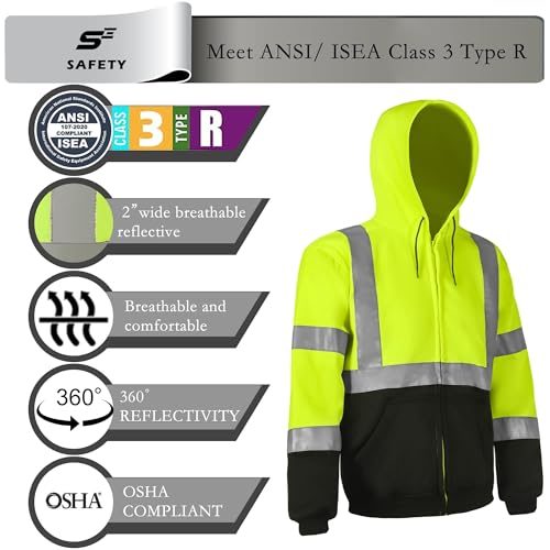 sesafety High Visibility Safety Sweatshirt for Men, Class 3 Reflective Zippered Hooded Sweatshirt, Hi-Vis Safety Hoodie with Black Bottom