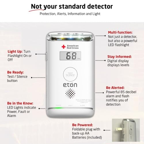 American Red Cross by Eton Carbon Monoxide Detector with10-Year Battery, Digital Display, LED Status Indicator, Emergency LED Flashlight and Energizer Batteries. Plug-in with Battery Back-up
