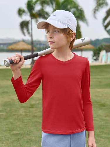 Boys Long Sleeve Athletic T-Shirt - Dry Fit V-Neck, Red, 7-8 Years