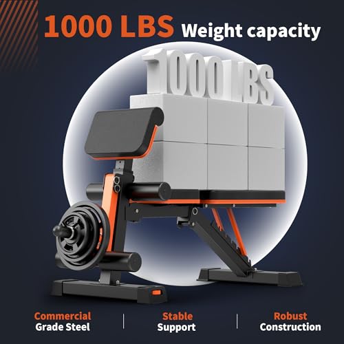 Adjustable Weight Bench - 1000LBS Capacity, Foldable Heavy Duty with Preacher Pad & Leg Extension - Orange Black