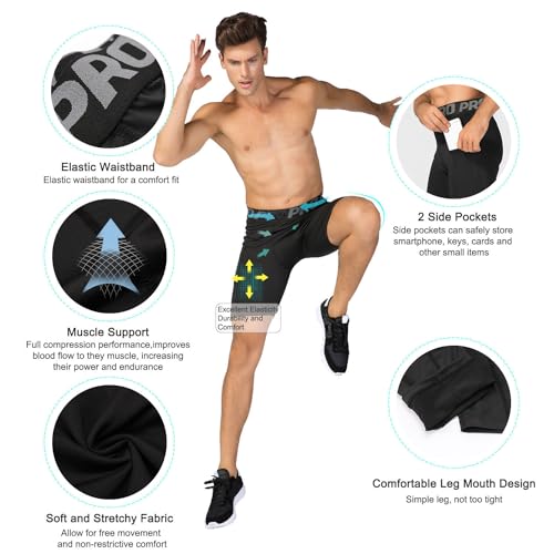 LANBAOSI Men's Camo Black Compression Shorts with Phone Pocket - Gym & Running Tights, Summer Cool Dry Baselayer (Medium)