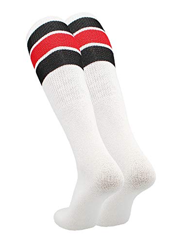 Retro Tube Socks with Stripes - Large Black/Scarlet, 70's 80's Style