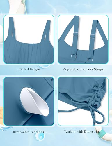 Girls Color Block Tankini Swimsuit with Adjustable Straps - Slate Blue, 15-16 Years