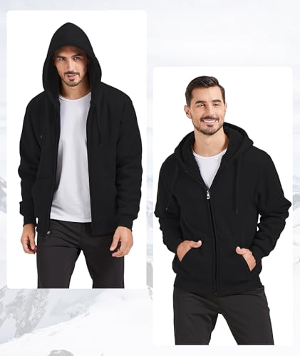 GEEK LIGHTING Men's Heavyweight Fleece Hoodie with Sherpa Lining, Full Zip, Large, All Black